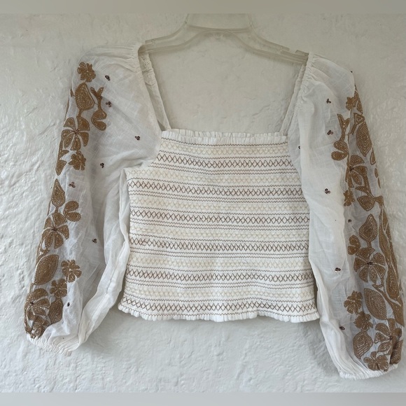 Anthropologie Tops - Anthropologie Cream Smocked Embroidered Puff Sleeve Square Neck Top; size XSP